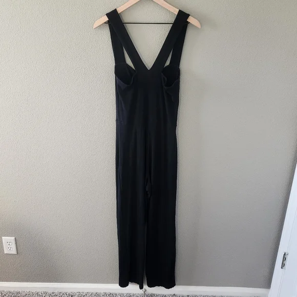 Reformation Landry Jumpsuit Medium Black Ribbed Knit Square Neck Button Lyocell - Picture 6 of 11